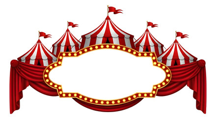 Obraz premium Red and white circus tent with drapes and lights on transparent background