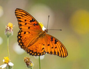 Obraz premium An orange and black butterfly rests on a small, white wildflower