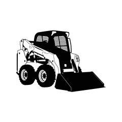 Skid Steer Loader Silhouette - Construction Vehicle Vector - Black Bobcat Machine Icon Isolated on White