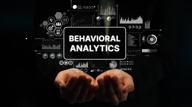 Hands Holding Conceptual Display of Behavioral Analytics with Data Visualization Elements in a Dark Background. Asymptotic smart data analytic.