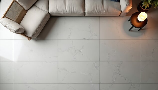 Minimalist living room floor features large light gray stone tiles with subtle veining. A neutral-toned sofa, side table with lamp, and potted plant create a clean, modern interior space.
