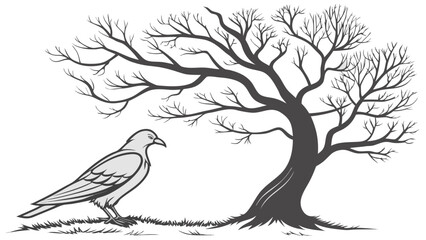 Solitary Dove by a Bare Tree in Winter Sketch.