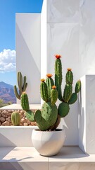 Cacti in white pots against a backdrop of white walls and blue sky