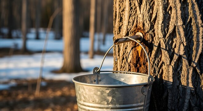 A maple tree being tapped for delicious sap, with a rustic bucket catching drops in a winter forest, illustrating the natural maple sap tapping production concept.
