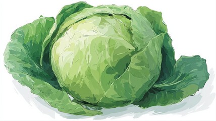 Fototapeta premium Fresh Green Cabbage Head with Leafy Outer Layers, Culinary Vegetable Ingredient Isolated on White