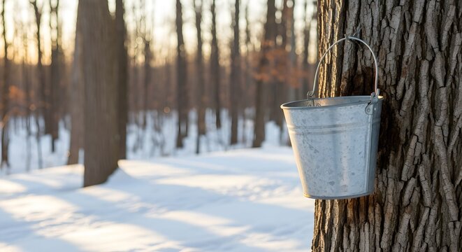 Traditional maple sap tapping concept with a metal bucket collecting sap from a tree in snowy woods during a serene winter morning.