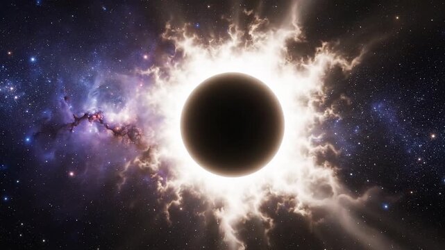 Cosmic Eclipse: Black Hole or Planet Engulfed by Nebula in Deep Space