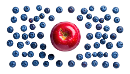 Red apple surrounded by blueberries in a circular pattern on a white background, viewed from directly above, in a photograph
