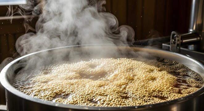 Boiling maple sap bubbling in a large pot, undergoing the traditional transformation process for syrup making concept.