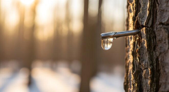 Golden hour light illuminates fresh sap dripping from a maple tree tap, highlighting the essence of the maple sap tapping concept.