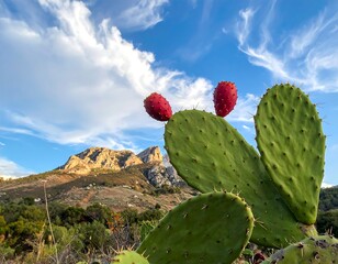 Cactus with red fruit against a mountain & a cloudy blue sky