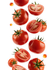 Fototapeta premium Falling fresh red tomatoes in halves and whole with transparent background studio shot