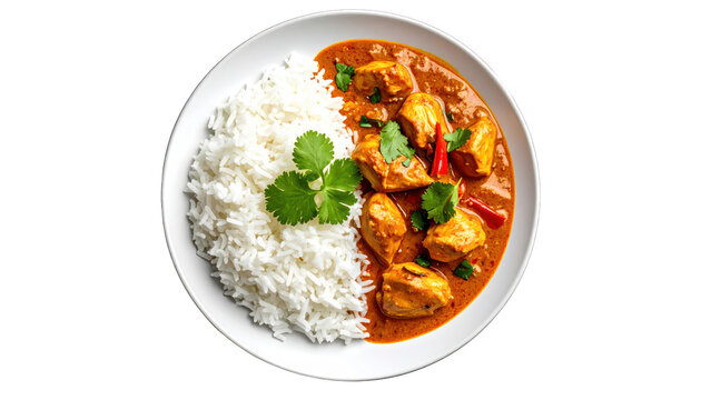 Top view of a bowl containing chicken curry with rice and garnished with fresh herbs like J