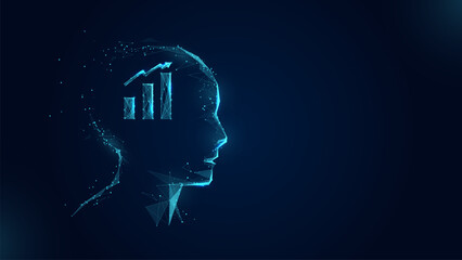 Blue image of a head with a brain and a graph