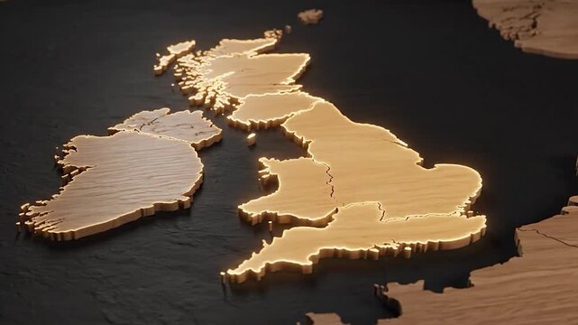 Wooden map of the British Isles with illuminated coastlines on a dark surface