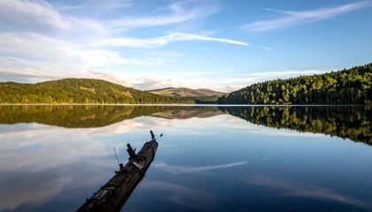 Calm lake reflecting sky & hills, a log foreground