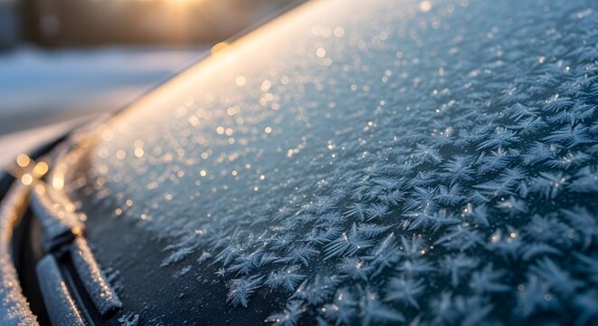Frozen car windshield detailed with delicate morning frost patterns glistening in the warm sunrise light, a captivating winter weather concept