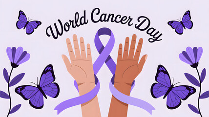 Fototapeta premium World Cancer Day awareness campaign with purple ribbon and hands