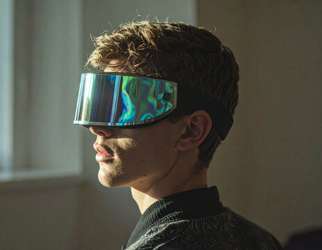 Young person wearing futuristic visor with holographic reflection in soft daylight