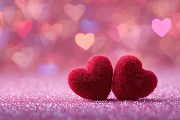 Obraz premium Valentine’s Day plush red hearts on sparkling pink background, soft romantic love themed backdrop featuring luxurious fabric hearts and shimmering glitter for greeting cards and branding