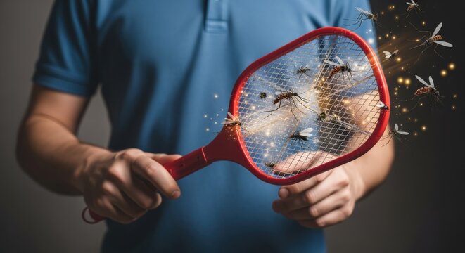 Electronic Mosquito Swatter Zapper in Action: Eliminating Pests, Close-Up View of Insect Control