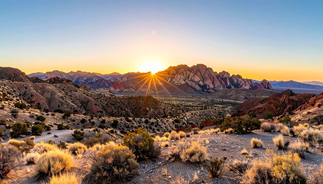 Dramatic view of a vast desolate landscape with sunstar against majestic Page Sandway mountain range PageAZ at sunrise on a clear day with yellow and blue sky outdoors in nature.