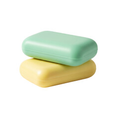 Two stacked rectangular matte bars of soap, soft pastel yellow resting on light mint green, isolated on a transparent background with gentle shadows, minimalist purity aesthetic