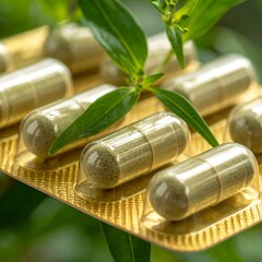 Capsules in blister pack with greenery