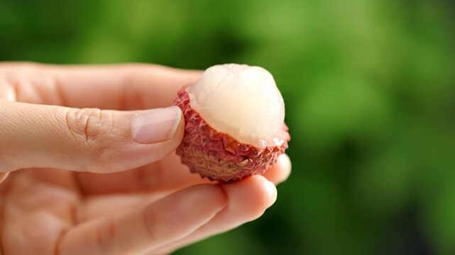 Hand holding a peeled lychee against a blurred green background