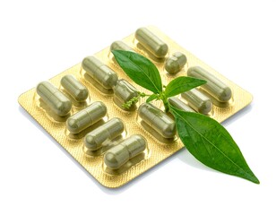 Capsules in blister pack with leaves, on a white surface