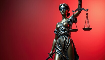 Obraz premium Lady Justice statue holds scales and sword against bright red backdrop. Symbol of fairness, law, truth, and jurisprudence. Represents legal and ethical principles for a balanced outcome.
