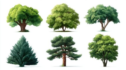 Fototapeta premium Diverse Collection of Realistic Trees in Various Shapes and Sizes for Nature Illustrations and Environmental Themes