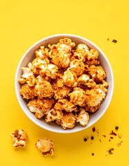 Caramel popcorn in a white bowl atop a bright yellow surface