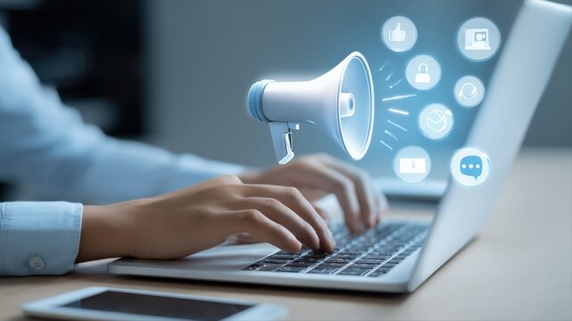 Digital Marketing Strategy: Hands on Laptop with Megaphone Icon for Social Media Engagement