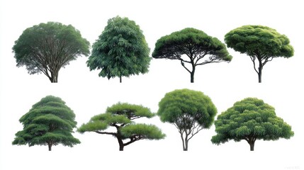 Fototapeta premium Various tree species showcasing diverse shapes, textures, and foliage colorations representing nature's beauty and ecological diversity in a minimalist setting