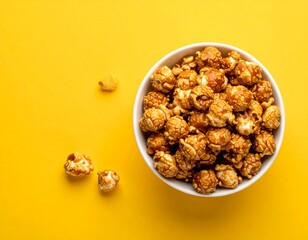 Caramel popcorn in a white bowl on a bright yellow background