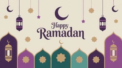Fototapeta premium Happy Ramadan Banner with Mosques, Lanterns, and Crescent Moons