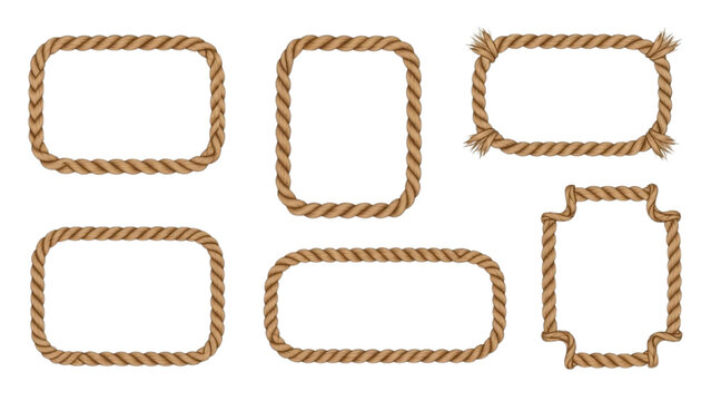 Brown rope frame borders in rectangle and rounded shapes set