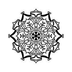 Fototapeta premium This black and white mandala combines sharp geometric forms with flowing ornamental curves, arranged around a strong central axis. Created as detailed line art for coloring pages, tattoos, prints.