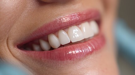 Naklejka premium Close-up of a smiling caucasian female with bright white teeth.