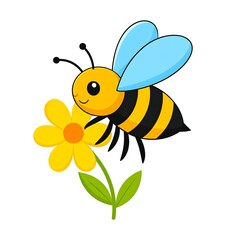 Cartoon bee flying near a yellow flower with a green stem and leaves