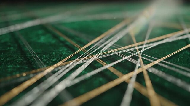 Intertwining gold and silver threads on textured green surface