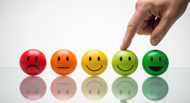 Customer Satisfaction Survey: Hand Selecting a Positive Smiley Face Among Various Feedback Options