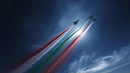 Airshow Display Featuring Military Jet Fighters Performing Aerobatics with Colored Smoke Trails Against a Dramatic Sky