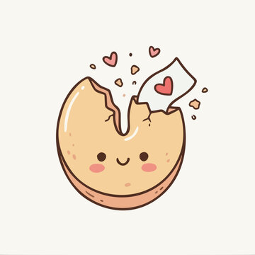 Cute Cracked Fortune Cookie Character with Heart Message, Kawaii Dessert Vector