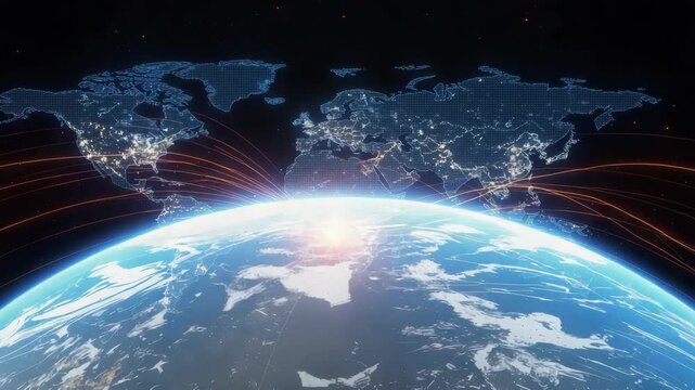 Futuristic digital globe with glowing network connections and sunrise over Earth horizon