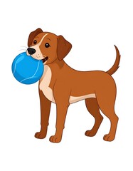 Cartoon dog happily holding a blue ball in its mouth, brown fur
