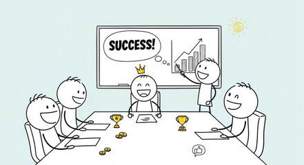 Business team celebrates success in a meeting room with charts and trophies.
