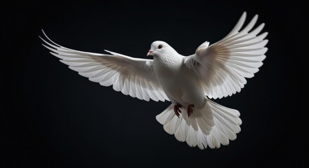 Obraz premium Majestic White Dove in Flight: Symbol of Peace, Freedom, and Grace on Dark Background