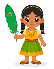 Cartoon girl in festive attire holding a peacock feather